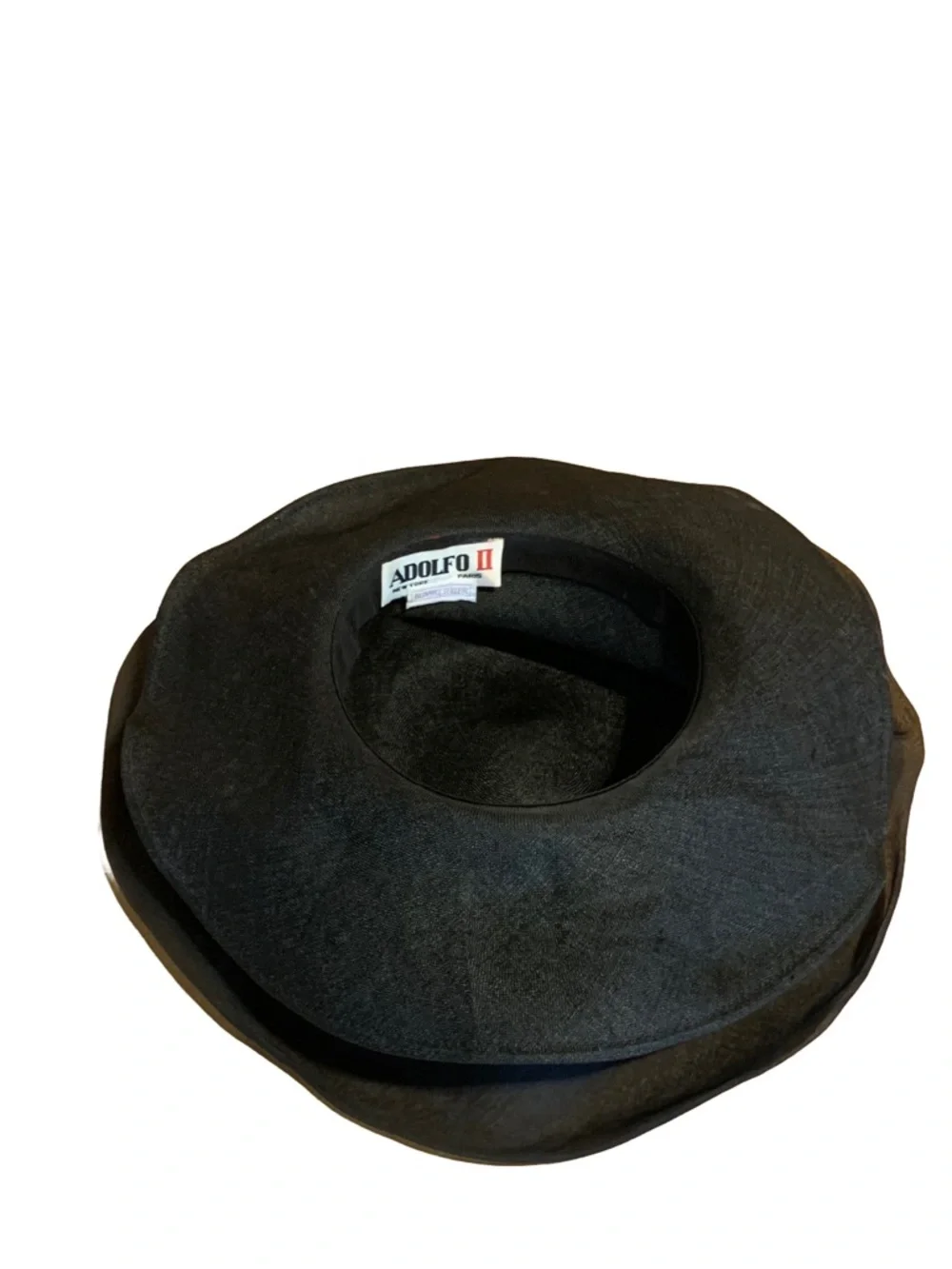 VINTAGE ADOLFO II BLACK WIDE BRIM LINEN HAT WITH STRIPED BOW - Picture 9 of 12